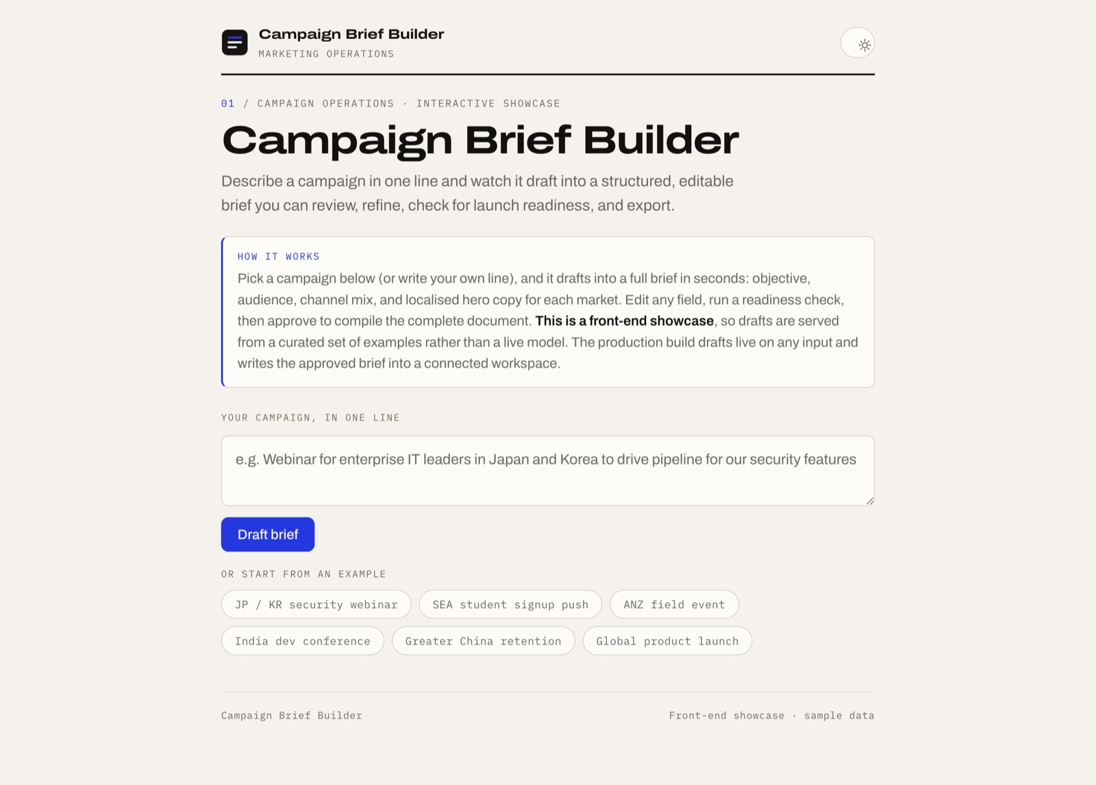 The Campaign Brief Builder intake screen: a one-line campaign input above six example campaigns spanning JP/KR, Southeast Asia, ANZ, India, Greater China and a global launch, laid out in the Poster Paper editorial style