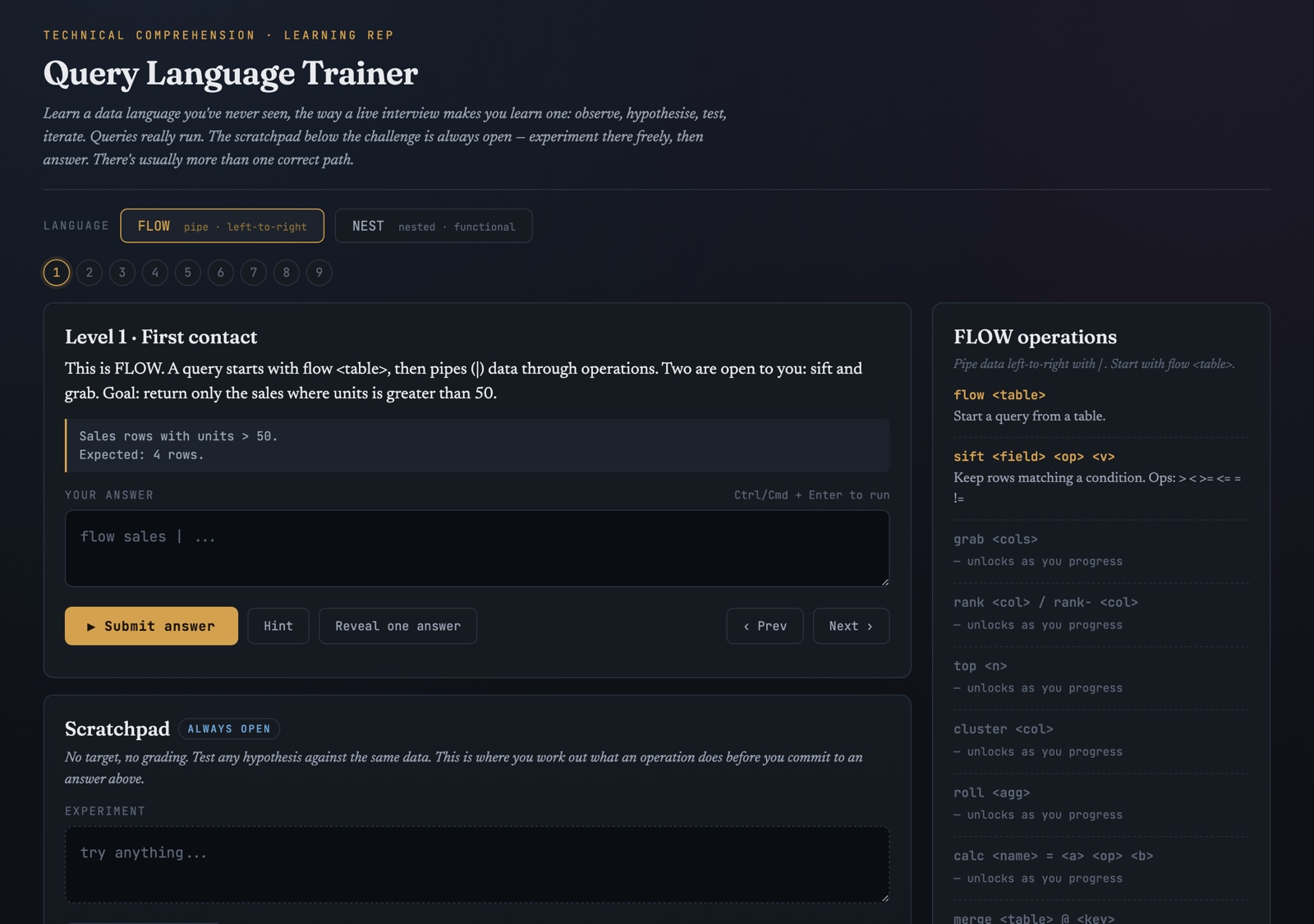 The trainer's first level in FLOW: a challenge card with a goal and expected row count, an answer editor, a language toggle between FLOW and NEST, nine level markers, and an operations reference where most operations are still locked
