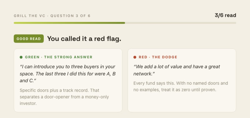 The Grill the VC reveal: the founder correctly called a canned "we add a lot of value" answer a red flag, with the green strong-answer and red dodge shown side by side and why each one reads that way