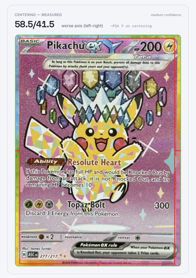 Measured centring overlay on the card photo: 58.5/41.5 on the worse axis with detected borders drawn, flagged at medium confidence and mapped to roughly a PSA 9 on centring